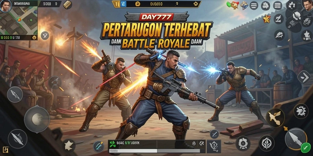 Tangkapan layar utama menunjukkan aksi intens dalam pertarungan Battle Royale.