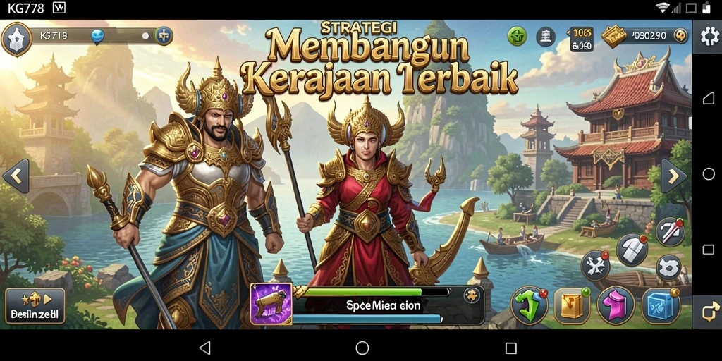 Gameplay strategi menegangkan dengan pemandangan kerajaan megah.