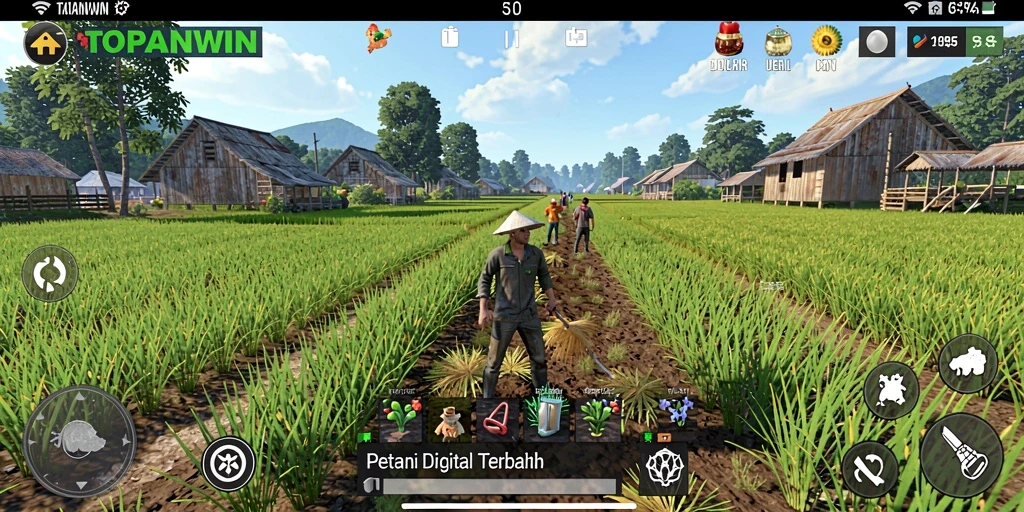 Tangkapan layar menunjukkan pengalaman bertani yang seru di TOPANWIN.