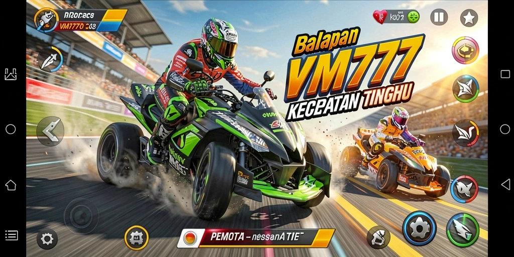 Screenshot utama VM777 menunjukkan aksi balap yang intens dan mendebarkan.