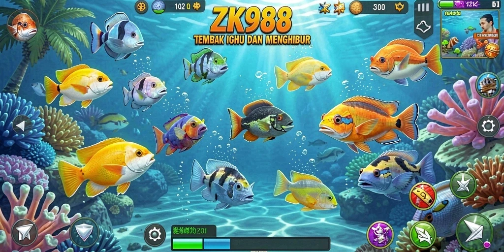Tangkapan layar gameplay ZK988 menunjukkan aksi menembak ikan yang seru.